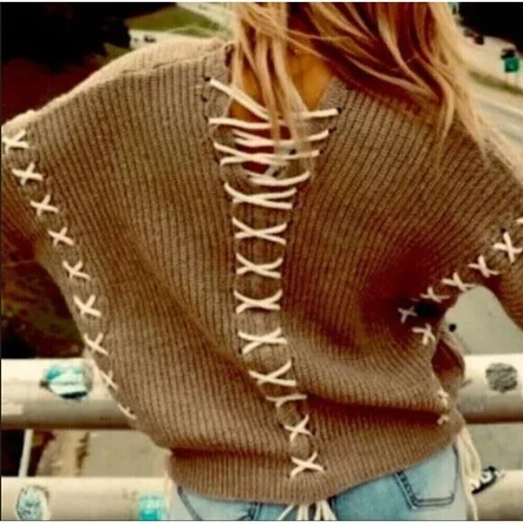 IJOAH Slouchy Knit Sweater Open Back Criss-Cross Lacing Mohair Blend SZ Large - Picture 8 of 13